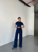 Osy Modal Yumuşak Dokulu Kumaş Kısa Kollu Crop Rahat Pantalon Ikili Takım - Lacivert resmi